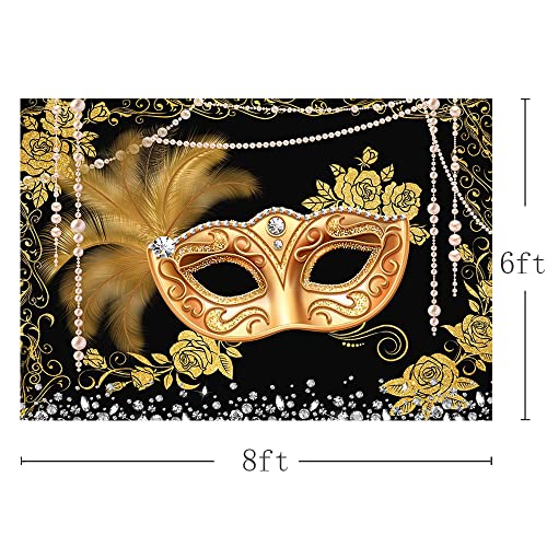 MEHOFOND Masquerade Ball Backdrop Black Gold Masquerade Party Photography Background Mardi Gras Carnival Costume Party Decorations Sweet 16 Dress-Up Banner Supplies Photo Studio Props 8x6ft