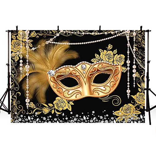 MEHOFOND Masquerade Ball Backdrop Black Gold Masquerade Party Photography Background Mardi Gras Carnival Costume Party Decorations Sweet 16 Dress-Up Banner Supplies Photo Studio Props 8x6ft