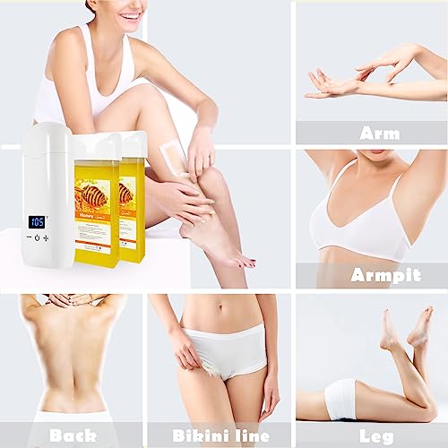 Digital Roll On Wax Kit, Thermostatic Roll On Wax Warmer for Hair Removal for Sensitive Skin,Portable at Home Waxing Kit for Women&Men, Depilatory Soft Honey Roller Waxing Kit - White