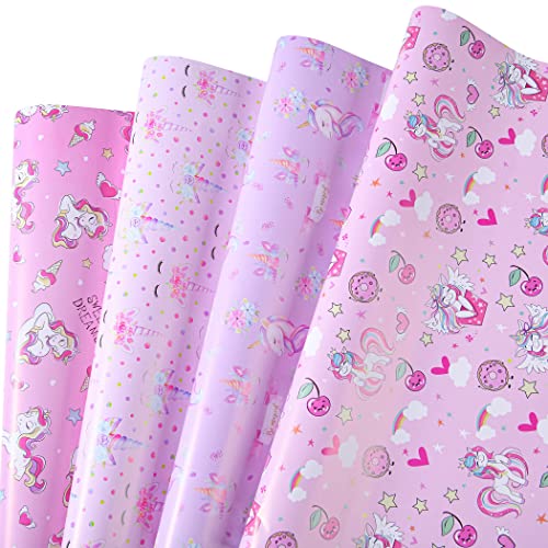 Sikiweiter Unicorn Wrapping Paper - 12 Sheets Princess Birthday Wrapping Paper for Girls Rainbow Unicorn Paper Wrap - 19.7 x 27.6 Inches Per Sheet