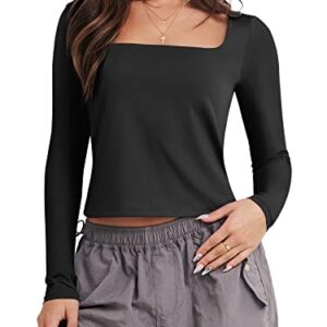 ANRABESS Crop Top for Women Long Sleeve Corset Workout Tees Basic T-Shirt Square Neck Fitted Sexy Going Out Shirt Tops Y2K Clothes 1040heise-M Black