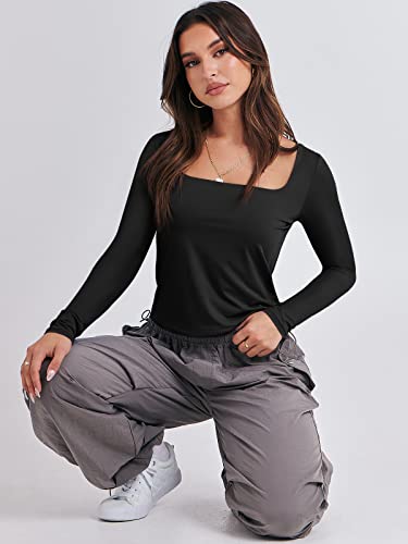 ANRABESS Crop Top for Women Long Sleeve Corset Workout Tees Basic T-Shirt Square Neck Fitted Sexy Going Out Shirt Tops Y2K Clothes 1040heise-M Black