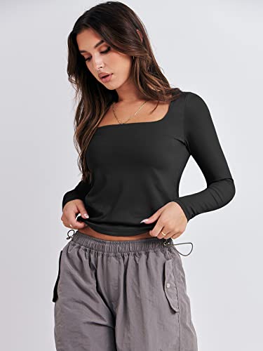 ANRABESS Crop Top for Women Long Sleeve Corset Workout Tees Basic T-Shirt Square Neck Fitted Sexy Going Out Shirt Tops Y2K Clothes 1040heise-M Black