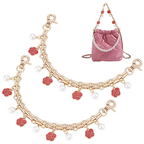 PH PandaHall Flower Bag Chain, 2pcs 9.8 Inch Purse Extender Decorative Bag Strap Golden Alloy Bag Chain Strap with Pearls Enamel Replacement Handle Bag Chain Straps Charms for Crossbody Shoulder Bag