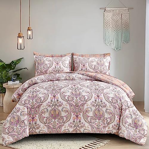 Yiran 7 Pieces Bed in a Bag Paisley Comforter Set Paisley Floral Bedding Set Soft Microfiber Boho Comforter King Size 90"×103"(1 Comforter,2 Pillowcases,2 Pillow Shams,1 Flat Sheet,1 Fitted Sheet)