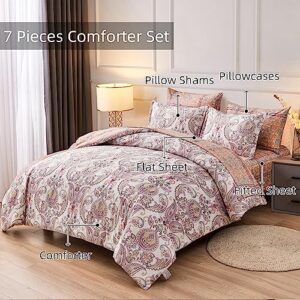 Yiran 7 Pieces Bed in a Bag Paisley Comforter Set Paisley Floral Bedding Set Soft Microfiber Boho Comforter King Size 90"×103"(1 Comforter,2 Pillowcases,2 Pillow Shams,1 Flat Sheet,1 Fitted Sheet)