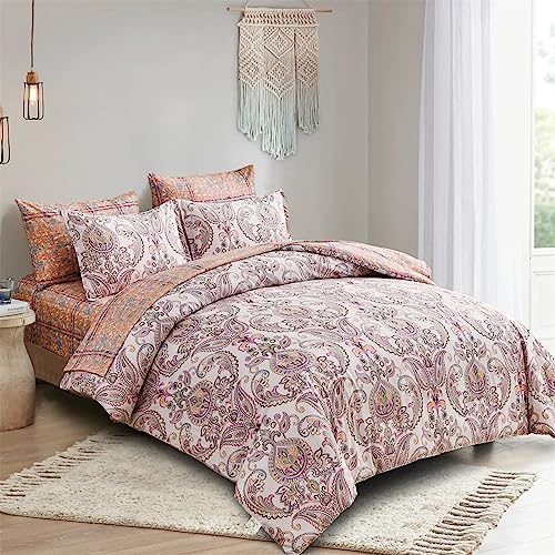 Yiran 7 Pieces Bed in a Bag Paisley Comforter Set Paisley Floral Bedding Set Soft Microfiber Boho Comforter King Size 90"×103"(1 Comforter,2 Pillowcases,2 Pillow Shams,1 Flat Sheet,1 Fitted Sheet)