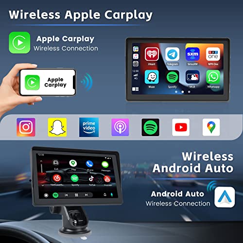 Hikity 7 Inch HD Portable Wireless Apple Carplay and Android Auto Screen, Bluetooth Car Stereo with Airplay Siri AUX USB FM Transmitter Backup Camera for All Vehicles