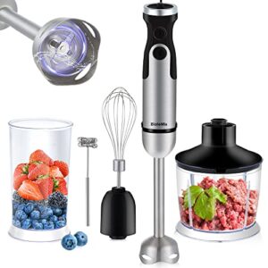 biolomix hand blender 5 in 1 immersion blender 1000w, 6 speed with turbo mode handheld blender stainless steel blade with 800ml chopper, 600ml mixing beaker, whisk and milk frother