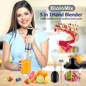 BioloMix Hand Blender 5 in 1 Immersion Blender 1000W, 6 Speed With Turbo Mode Handheld Blender Stainless Steel Blade With 800ml Chopper, 600ml Mixing Beaker, Whisk and Milk Frother