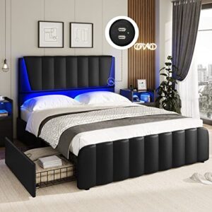 aogllati queen bed frame with headboard and 4 storage drawers, platform bed frame queen size with led light & 2 usb ports, queen size bed frame with wooden slats support, no box spring needed