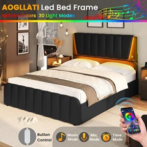AOGLLATI Queen Bed Frame with Headboard and 4 Storage Drawers, Platform Bed Frame Queen Size with Led Light & 2 USB Ports, Queen Size Bed Frame with Wooden Slats Support, No Box Spring Needed