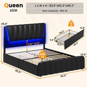 AOGLLATI Queen Bed Frame with Headboard and 4 Storage Drawers, Platform Bed Frame Queen Size with Led Light & 2 USB Ports, Queen Size Bed Frame with Wooden Slats Support, No Box Spring Needed