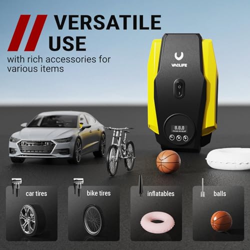 VacLife Tire Inflator Portable Air Compressor - Air Pump for Car Tires - 12V DC Compact Tire Pump with Auto Shutoff Function - Multipurpose Car Accessory with LED Light, Yellow