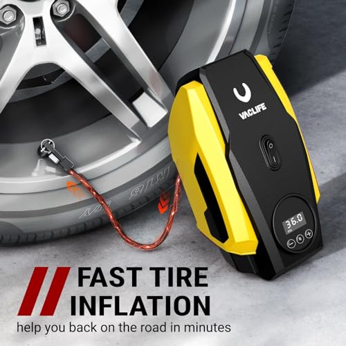 VacLife Tire Inflator Portable Air Compressor - Air Pump for Car Tires - 12V DC Compact Tire Pump with Auto Shutoff Function - Multipurpose Car Accessory with LED Light, Yellow