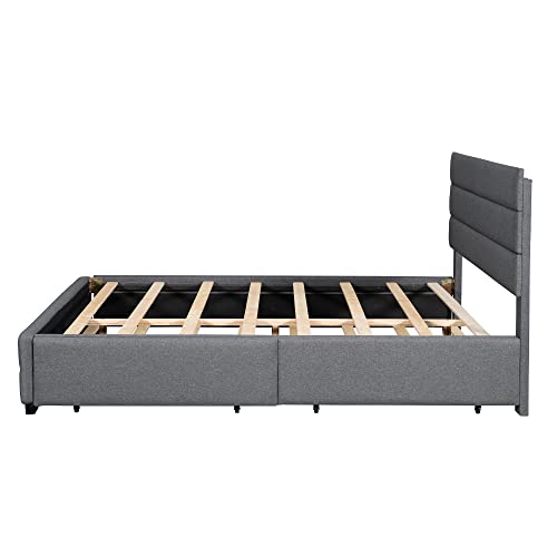 Oudiec Queen Upholstered Platform Bed with Trundle and Two Drawers,Solid Pinewood Bedframe for Boys/Girls/Adult,No Box Spring Needed,Gray