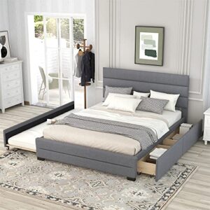 oudiec queen upholstered platform bed with trundle and two drawers,solid pinewood bedframe for boys/girls/adult,no box spring needed,gray