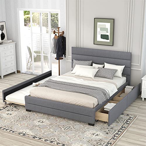 Oudiec Queen Upholstered Platform Bed with Trundle and Two Drawers,Solid Pinewood Bedframe for Boys/Girls/Adult,No Box Spring Needed,Gray