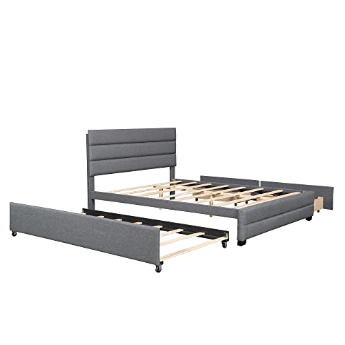 Oudiec Queen Upholstered Platform Bed with Trundle and Two Drawers,Solid Pinewood Bedframe for Boys/Girls/Adult,No Box Spring Needed,Gray