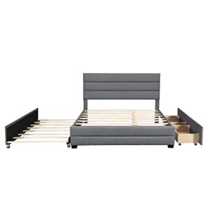 Oudiec Queen Upholstered Platform Bed with Trundle and Two Drawers,Solid Pinewood Bedframe for Boys/Girls/Adult,No Box Spring Needed,Gray