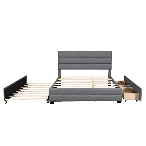 Oudiec Queen Upholstered Platform Bed with Trundle and Two Drawers,Solid Pinewood Bedframe for Boys/Girls/Adult,No Box Spring Needed,Gray