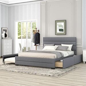 Oudiec Queen Upholstered Platform Bed with Trundle and Two Drawers,Solid Pinewood Bedframe for Boys/Girls/Adult,No Box Spring Needed,Gray