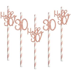 30th birthday paper straw decor, happy 30th birthday decorations, hello 30, 30th anniversary/birthday party drinking decorative straws, cheer 30 years old party supplies 12 pieces rose gold