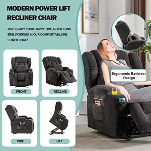 OQQOEE Power Lift Recliner Chair with Massage and Heat for Elderly/Adults, Lift Chairs Movable Recliner Chair with Wheels, Comfy Velvet Lazy Sofa Reclining for Living Room with Cup Holders/Remote/USB