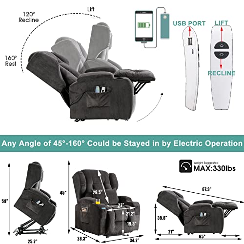 OQQOEE Power Lift Recliner Chair with Massage and Heat for Elderly/Adults, Lift Chairs Movable Recliner Chair with Wheels, Comfy Velvet Lazy Sofa Reclining for Living Room with Cup Holders/Remote/USB