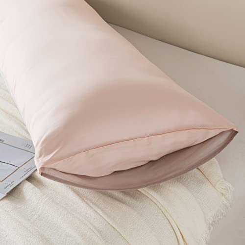 Household Body Size 20"*54" Luxury Envelope Pillowcase, Ultra-Soft Cool Feeling and Smooth Silk Pillow Cover for Hair and Skin (Body Size, Light Pink and Light Brown)