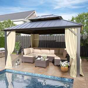 12' x 14' hardtop gazebo,outdoor galvanized steel metal double roof gazebo with curtains and netting for patios,gardens, lawns,cream