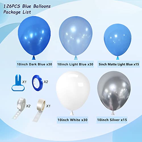 Blue Balloon Arch Kit, 126PCS Sliver Blue and White Garland Kit, Garland Kit for Birthday Party, Baby Shower Decoration, 10" and 5" Blue Balloon Graduation Decoration (Blue)