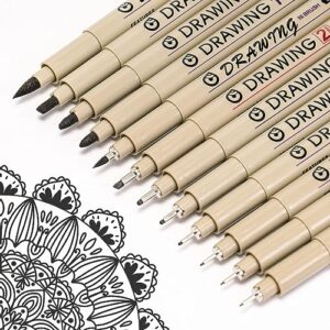 toptime micron fineliner pens, 12 pack micro pen set black, technical drawing pens for artist no bleed calligraphy pens, archival ink brush pen art pens for journaling, illustration, sketching, anime