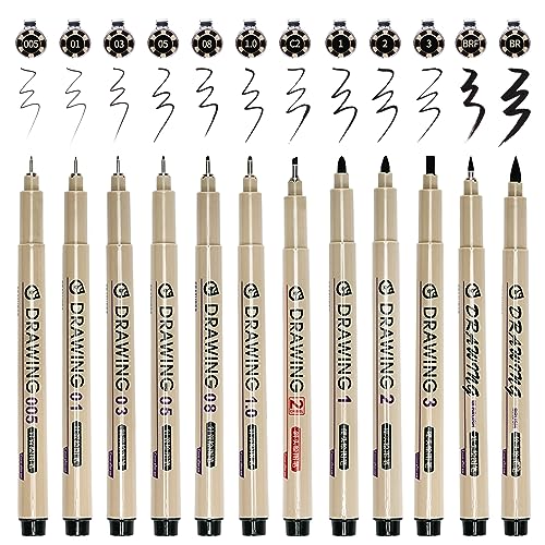 Toptime Micron Fineliner Pens, 12 Pack Micro Pen Set Black, Technical Drawing Pens for Artist No Bleed Calligraphy Pens, Archival Ink Brush Pen Art Pens for Journaling, Illustration, Sketching, Anime