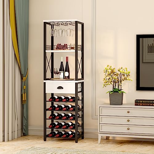 Homeiju Wine Rack Freestanding Floor, Bar Cabinet for Liquor and Glasses, 4-Tier bar Cabinet with Tabletop, Glass Holder, Storage Drawer and Wine Storage for Living Room, Home Bar(Patent No.D29872845)