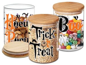 halloween decor 3 pack glass storage jars with airtight bamboo lid - hocus pocus canisters sets for kitchen countertop - clear halloween glass storage jars for coffee bean, cookie, candy, tea, flour