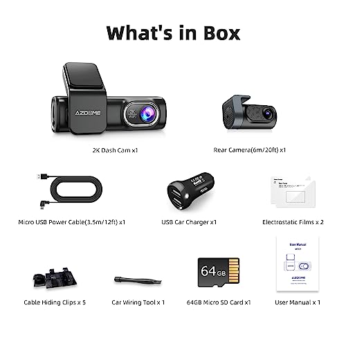 AZDOME M301 2K Dash Cam Front and Rear, Built in WiFi, Dual Dashcams for Cars, Voice Control Car Camera with UHD 1440P, Night Vision, G-Sensor, Parking Monitor, 64GB SD Card Included