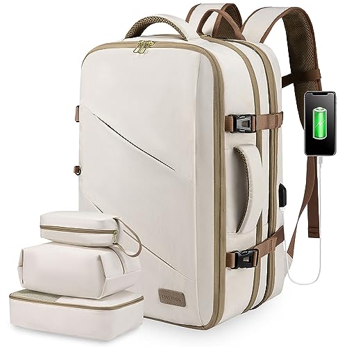 LOVEVOOK Travel Backpack for Women, 40L Carry On Backpack Flight Approved, Waterproof 17 Inch Laptop Backpack with 3 Cubes, College Bookbag, Personal Item Travel Bag, Beige-Khaki