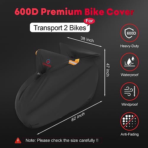 Comnova Bike Cover for Transport 2 Bikes - Outdoor Bike Covers for 2 Bikes on Rear Bike Rack Transport Waterproof & Heavy Duty, 600D Bicycle Rack Covers for 2 Bikes on Car Hitch Travel Storage