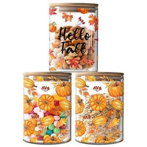 fall decor 3 pack glass storage jars with airtight bamboo lid-hello fall pumpkin canisters sets for kitchen countertop autumn-clear fall glass storage jars for coffee bean, cookie, candy, tea, flour