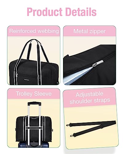 For Spirit Airlines Personal Item Bag 18x14x8 BAGSMART Foldable Travel Duffel Bag Tote Weekend Overnight Bag Carry on Luggage for Women and Men(Black)