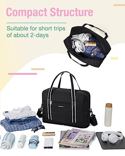 For Spirit Airlines Personal Item Bag 18x14x8 BAGSMART Foldable Travel Duffel Bag Tote Weekend Overnight Bag Carry on Luggage for Women and Men(Black)