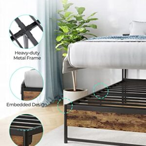 LINSY LIVING Full Size Bed Frame with Headboard, Fast Assembly Metal Industrial Bed Frame with Lights & Charging, 14 inch Full Bed Frame with Storage, No Box Spring Needed, Rustic Brown