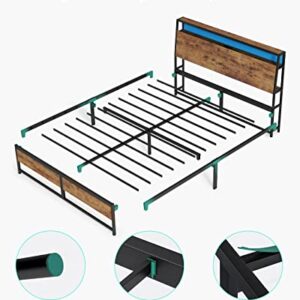 LINSY LIVING Full Size Bed Frame with Headboard, Fast Assembly Metal Industrial Bed Frame with Lights & Charging, 14 inch Full Bed Frame with Storage, No Box Spring Needed, Rustic Brown