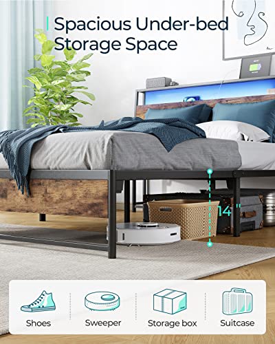 LINSY LIVING Full Size Bed Frame with Headboard, Fast Assembly Metal Industrial Bed Frame with Lights & Charging, 14 inch Full Bed Frame with Storage, No Box Spring Needed, Rustic Brown