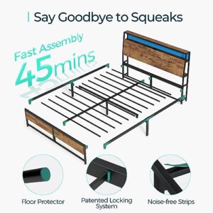 LINSY Queen Bed Frame with Ergonomic Headboard, Fast Assembly Metal Industrial Bed Frame with Lights & Charging, 14 inch Bed Frame Queen Size with Storage, No Box Spring Needed, Rustic Brown