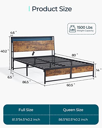 LINSY Queen Bed Frame with Ergonomic Headboard, Fast Assembly Metal Industrial Bed Frame with Lights & Charging, 14 inch Bed Frame Queen Size with Storage, No Box Spring Needed, Rustic Brown