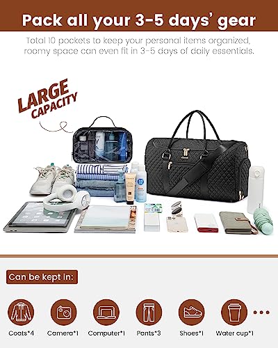 LOVEVOOK Travel Duffle Bag, 50L Weekender Overnight Bag with Toiletry Bag, Quilted Carry On Bag with Shoe Compartment, Gym Duffel Bag with Wet Pocket for Women, Hospital Bags for Labor and Delivery