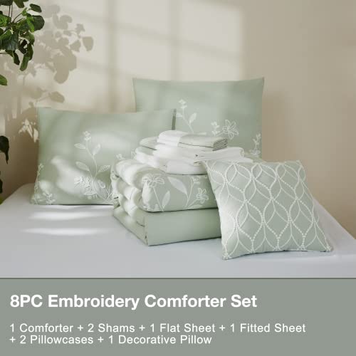 MAIREVE Sage Green Comforter Set Full Size 8 Piece, Farmhouse Floral Embroidery Bedding Set Full, All Season Bed in A Bag Full Size with Sheets, Pillowcases & Shams (Full, 80x90, Green)