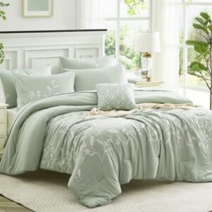 MAIREVE Sage Green Comforter Set Full Size 8 Piece, Farmhouse Floral Embroidery Bedding Set Full, All Season Bed in A Bag Full Size with Sheets, Pillowcases & Shams (Full, 80x90, Green)